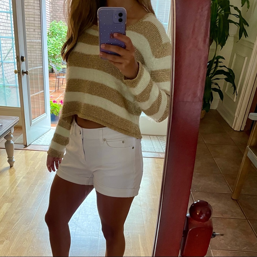 MINKPINK Cropped Gold and White Striped Sweater